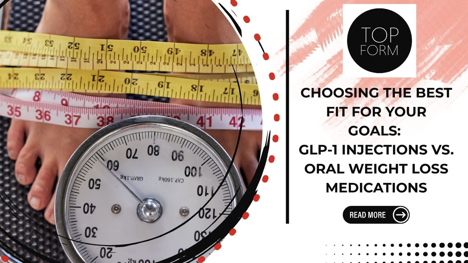 Bare feet on a scale surrounded by measuring tapes with the blog title highlighted with a "read more" button.